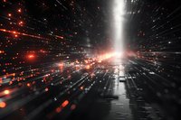 Abstract digital light explosion with red and white particles radiating from center on dark background. Futuristic technology concept for business presentations.