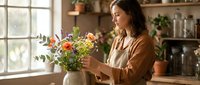 Young woman arranging colorful wildflower bouquet in ceramic vase at rustic kitchen counter with natural window light and plants creating cozy home atmosphere.