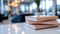 Stack of books on white desk with blurred office interior and warm bokeh lighting in background, suitable for education, learning, business and workplace concepts.