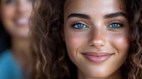 Young mixed-race woman with bright blue eyes, freckles, and curly hair smiling warmly at camera. Natural beauty portrait with soft lighting highlights radiant skin and genuine expression.