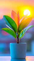 Young rubber plant with vibrant green leaves in blue ceramic pot against sunset sky background, creating magical atmosphere with sun glow and pastel colors.