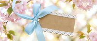 Blank kraft paper gift tag with blue satin ribbon and white lace trim against soft pink cherry blossom background for spring celebrations and crafting.