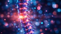 Glowing spine visualization with highlighted vertebrae and nerve pathways on abstract blue and red bokeh background for medical and healthcare concepts.