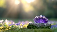 Raw amethyst crystal cluster on moss-covered stone surrounded by purple wildflowers in dreamy sunlit garden setting, creating magical natural atmosphere.