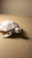 White paper origami turtle with geometric folded design on warm beige surface with soft lighting and shadow for craft projects and artistic concepts.