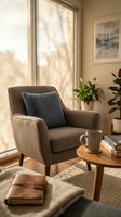 Cozy modern living room corner with comfortable gray armchair, decorative pillow, wooden coffee table, houseplants and warm natural sunlight streaming through window.