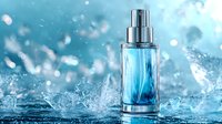 Luxury fragrance bottle with splashing water and ice crystals against turquoise background. Dynamic composition showcases premium cosmetic product in fresh environment.
