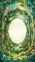 Watercolor enchanted forest frame with glowing lights, mushrooms, and ornate gold border, featuring a blank oval center for text or design.