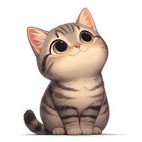 Adorable striped kitten with big expressive eyes and subtle smile sitting upright on white background, cartoon style illustration for children books and greeting cards.