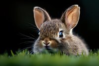 Adorable brown bunny rabbit peeking through green grass with curious expression, close-up portrait against dark background showing detailed fur and bright eyes.
