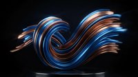 Dynamic flowing ribbon with blue and copper metallic stripes creating elegant wave motion against dark background for modern design projects.