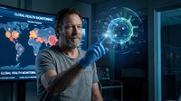 Middle-aged Caucasian man interacting with holographic interface in futuristic control room with global health monitoring displays and digital technology.