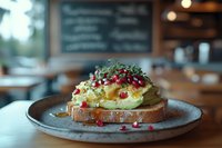 Open-faced sandwich with scrambled eggs, microgreens and pomegranate seeds on artisanal bread, served on rustic ceramic plate in cozy cafe setting with blurred menu board.