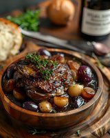 Braised meat with roasted potatoes, red onions and fresh herbs in rustic wooden bowl. Rich brown sauce and caramelized vegetables create hearty comfort food meal.