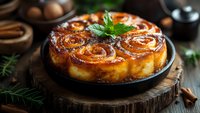 Homemade caramelized cinnamon roll cake with spiral pattern on rustic wooden board, fresh mint garnish and warm golden-brown sugar glaze in cast iron pan.