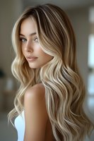 Young woman with long wavy blonde hair featuring caramel highlights and balayage technique, showcasing modern salon hairstyling for beauty advertising.
