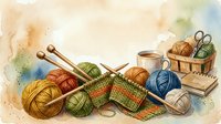 Watercolor illustration of knitting supplies including colorful yarn balls, needles, and a partially completed green checkered blanket project for crafting and hobby content.