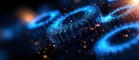Glowing blue digital gears with light particles and orange sparks on dark background, futuristic technology concept for business and industry solutions.