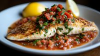 Pan-seared fish fillet topped with fresh tomato salsa and herbs, served with lemon wedge on white plate in savory sauce. Gourmet seafood restaurant dish.