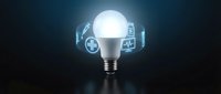 Smart LED lightbulb with glowing digital icons representing home automation, energy efficiency and IoT connectivity on dark background.