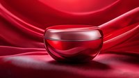 Red cosmetic cream jar on luxurious silk background with dramatic lighting and reflective surface, showcasing premium skincare packaging for beauty industry.