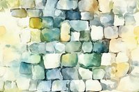 Soft watercolor mosaic pattern in gentle teal, yellow and white tones creates abstract geometric background with rounded square shapes and subtle color transitions.