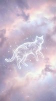 Ethereal translucent cat silhouette floating among dreamy pastel clouds with sparkling stars in mystical purple pink sky for spiritual fantasy designs.