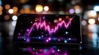 Glowing pink financial chart on smartphone screen with blurred bokeh city lights background creates modern business analytics visualization.