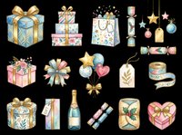 Watercolor holiday clipart set with gift boxes, balloons, ribbons, champagne, and ornaments, isolated on transparent background, ready for stickers, T-shirts, and print on demand.
