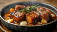 Braised pork belly with caramelized sauce, pearl onions and fresh herbs served in rustic black ceramic bowl on wooden surface, close up food photography.