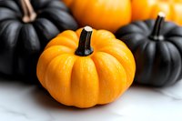 Orange and black pumpkins on white marble background, seasonal autumn decor with contrasting colors and selective focus on bright mini pumpkin.