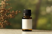 Small amber glass essential oil bottle with blank white label on wooden surface with dried flowers and natural green bokeh background for aromatherapy products.