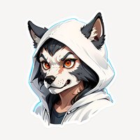 Stylized wolf character in white hoodie with glowing red eyes and fierce expression, digital art style on isolated background for gaming or mascot design.