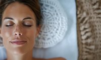 Young Caucasian woman with closed eyes and serene expression relaxing at spa treatment with decorative lace doily visible in background, wellness concept.