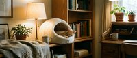 Cozy home interior with a cat resting in a plush pet bed on a wooden bookshelf, warm lamp light, houseplants, and mugs creating a relaxing atmosphere.