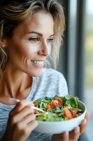 Smiling young Caucasian woman enjoying fresh vegetable salad near window. Healthy eating and wellness lifestyle concept for nutrition and diet.