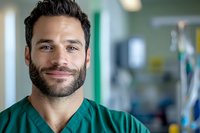 Smiling male doctor in green scrubs at hospital. Healthcare professional portrait for medical websites, brochures and promotional materials.