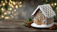 Festive gingerbread house with white icing decoration on wooden table with cinnamon sticks, star anise and bokeh lights in background.