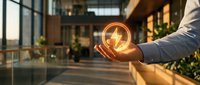Young professional male holding glowing light bulb in modern office corridor, symbolizing innovation, ideas, and sustainable energy solutions for business concepts.