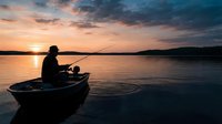 Silhouetted fisherman in small boat casting line at sunset on calm lake with golden sky reflecting on water surface.