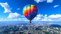 Rainbow colored hot air balloon floating above urban cityscape with dramatic blue sky and white clouds, aerial panoramic view of modern metropolis and horizon.