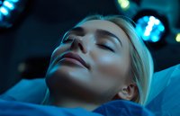 Young blonde woman with closed eyes in blue neon lighting atmosphere, face close-up showing peaceful expression and glowing skin. Artistic portrait with moody ambiance.