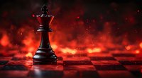 Black chess queen piece on dramatic red chessboard with glowing particles and dark atmosphere, symbolizing power, strategy and leadership in business concept.