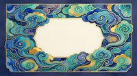 Ornate decorative frame with swirling cloud motifs in blue, green and gold colors on cream background for elegant design projects and invitations.