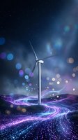 Wind turbine glowing with purple and blue neon light streams under a starry night sky, symbolizing clean renewable energy and future technology.