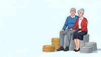 Senior couple sitting on stacks of coins planning retirement savings and financial security for golden years together.