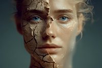 Young woman with cracked dry skin texture on half face showing dehydration and skincare needs for beauty and wellness concepts.