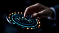 Futuristic financial chart hologram with glowing blue neon light effect and businessman hand touching virtual interface. Digital technology concept for trading.