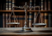 Decorative scales of justice on wooden desk against law library background, symbolizing legal system, jurisprudence and attorney services. Professional law concept.