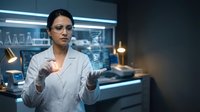 Female scientist in white lab coat working with holographic DNA interface in modern laboratory for medical research and biotechnology applications.